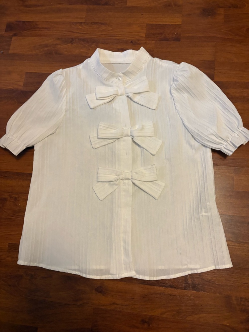 SHEIN Cream Bow-Front Short Sleeve Button-Down Top